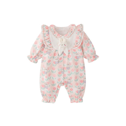MyKids-USA® Baby Girls Flowers and Rabbits Pattern Single Breasted Romper with Cute Collar