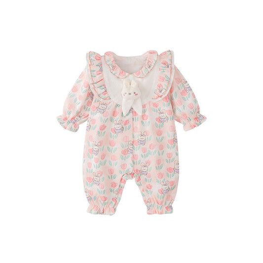 MyKids-USA® Autumn Arrival Baby Girls Flowers and Rabbits Pattern Single Breasted Romper with Cute Collar