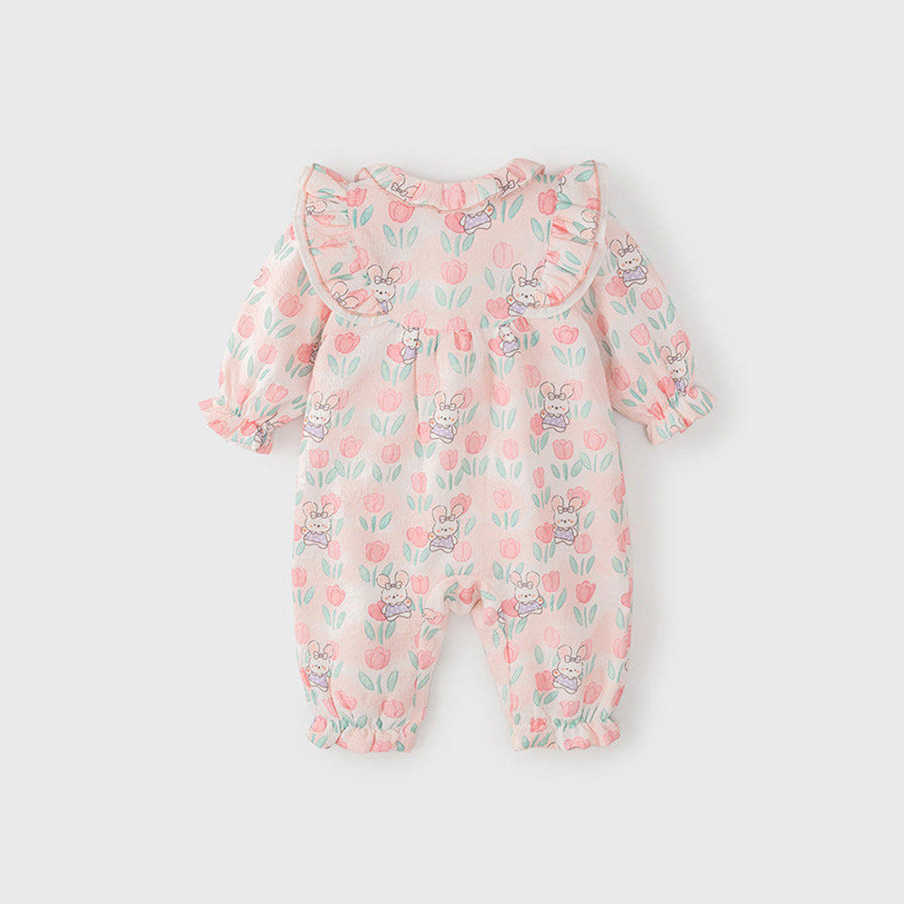 MyKids-USA® Baby Girls Flowers and Rabbits Pattern Single Breasted Romper with Cute Collar