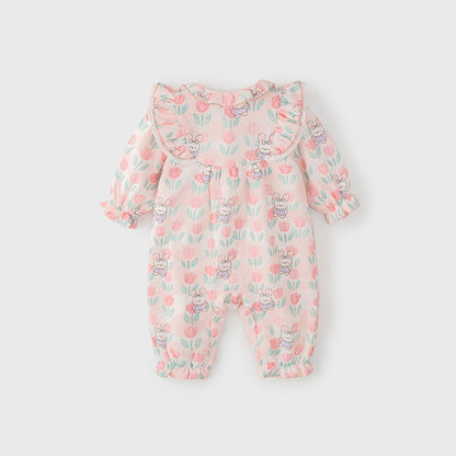 MyKids-USA® Baby Girls Flowers and Rabbits Pattern Single Breasted Romper with Cute Collar