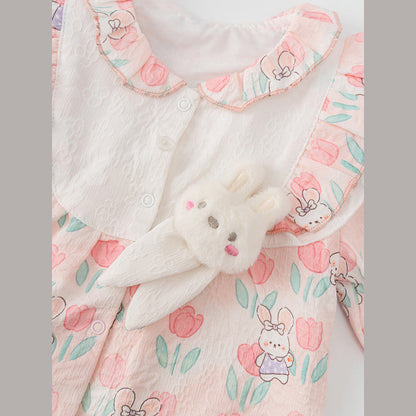 MyKids-USA® Baby Girls Flowers and Rabbits Pattern Single Breasted Romper with Cute Collar