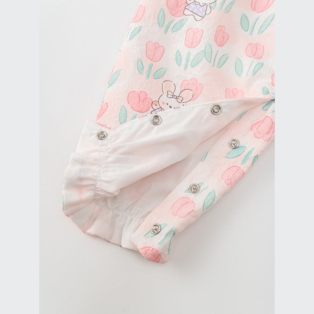 MyKids-USA® Baby Girls Flowers and Rabbits Pattern Single Breasted Romper with Cute Collar