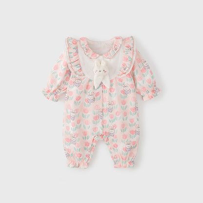 MyKids-USA® Baby Girls Flowers and Rabbits Pattern Single Breasted Romper with Cute Collar