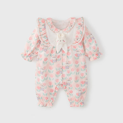 MyKids-USA® Baby Girls Flowers and Rabbits Pattern Single Breasted Romper with Cute Collar