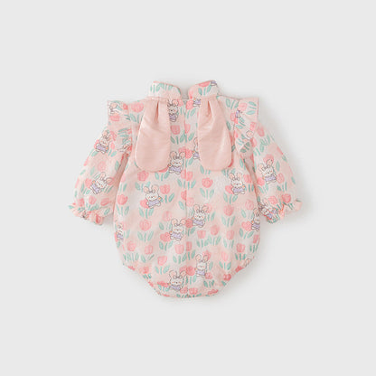 MyKids-USA® Baby Girls Flowers and Rabbits Pattern Long Sleeves bodysuit with Stand Collar