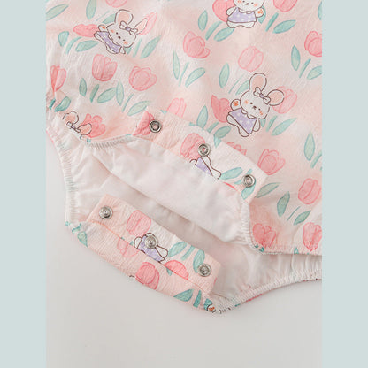 MyKids-USA® Baby Girls Flowers and Rabbits Pattern Long Sleeves bodysuit with Stand Collar