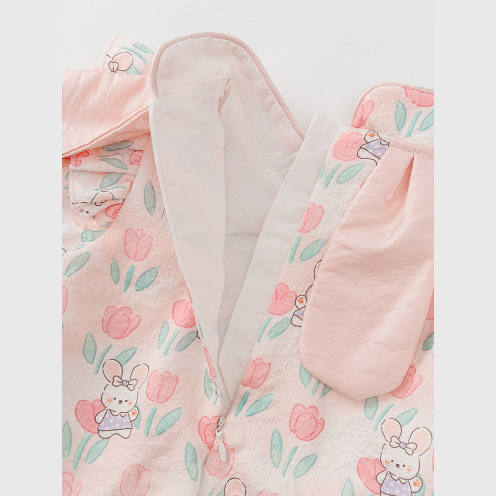 MyKids-USA® Baby Girls Flowers and Rabbits Pattern Long Sleeves bodysuit with Stand Collar
