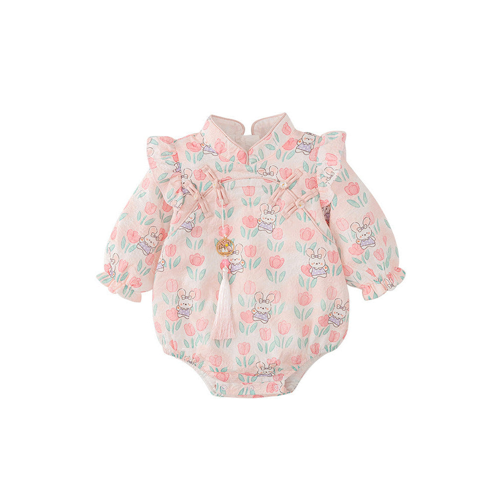 MyKids-USA® Baby Girls Flowers and Rabbits Pattern Long Sleeves bodysuit with Stand Collar