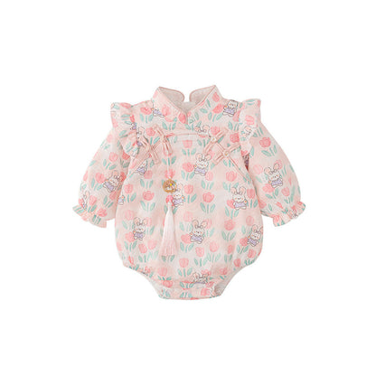 MyKids-USA® Baby Girls Flowers and Rabbits Pattern Long Sleeves bodysuit with Stand Collar