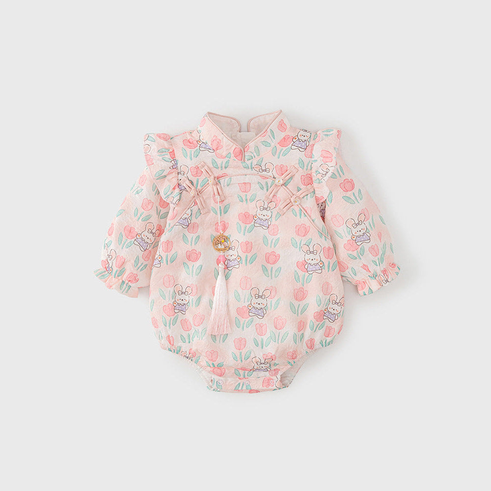 MyKids-USA® Baby Girls Flowers and Rabbits Pattern Long Sleeves bodysuit with Stand Collar