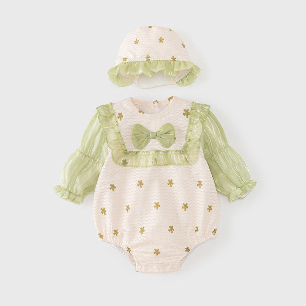 MyKids-USA® Baby Girls Flowers Pattern Long Sleeves Lace Patchwork bodysuit with Hat