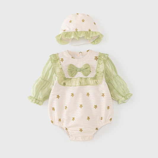 MyKids-USA® Baby Girls Flowers Pattern Long Sleeves Lace Patchwork bodysuit with Hat