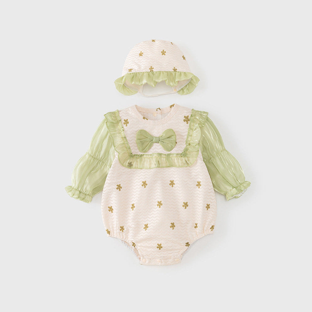 MyKids-USA® Baby Girls Flowers Pattern Long Sleeves Lace Patchwork bodysuit with Hat