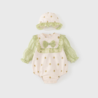 MyKids-USA® Baby Girls Flowers Pattern Long Sleeves Lace Patchwork bodysuit with Hat