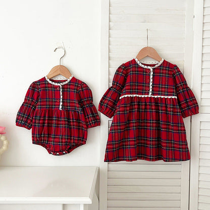 MyKids-USA® Vintage English Plaid Baby Kids Girls Ruffle Neck bodysuit or Dress – Princess Sister Matching