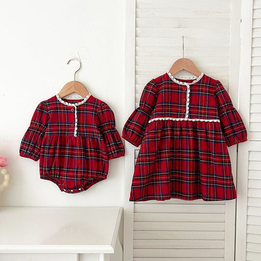MyKids-USA® Vintage English Plaid Baby Kids Girls Ruffle Neck bodysuit and Dress – Princess Sister Matching Set