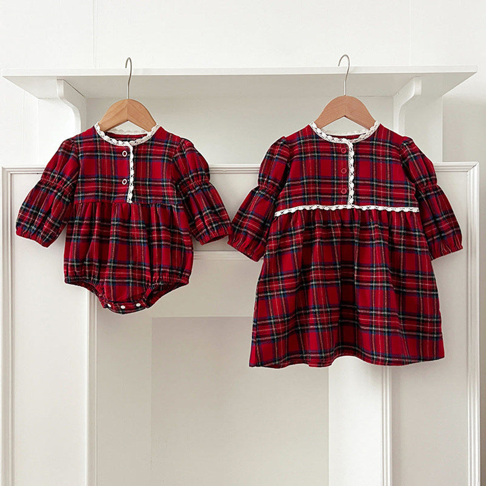 MyKids-USA® Vintage English Plaid Baby Kids Girls Ruffle Neck bodysuit or Dress – Princess Sister Matching