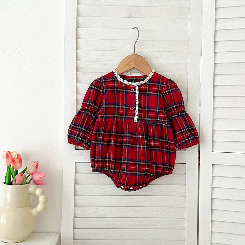 MyKids-USA® Vintage English Plaid Baby Kids Girls Ruffle Neck bodysuit or Dress – Princess Sister Matching