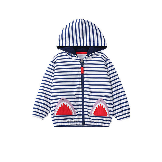 MyKids-USA® Baby Kids Girls Shark Pattern Pocketed Zip-up Striped Hoodie