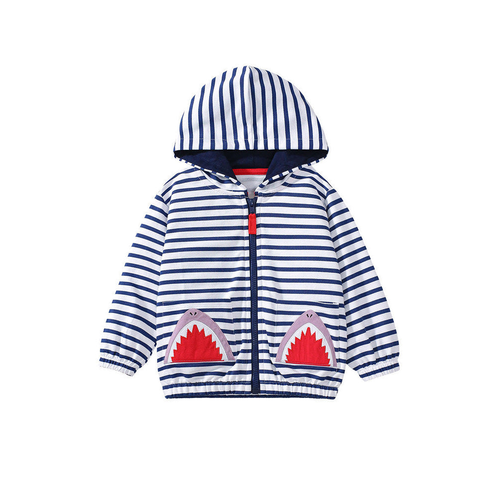 MyKids-USA® Baby Kids Girls Shark Pattern Pocketed Zip-up Striped Hoodie