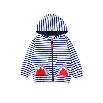 MyKids-USA® Baby Kids Girls Shark Pattern Pocketed Zip-up Striped Hoodie