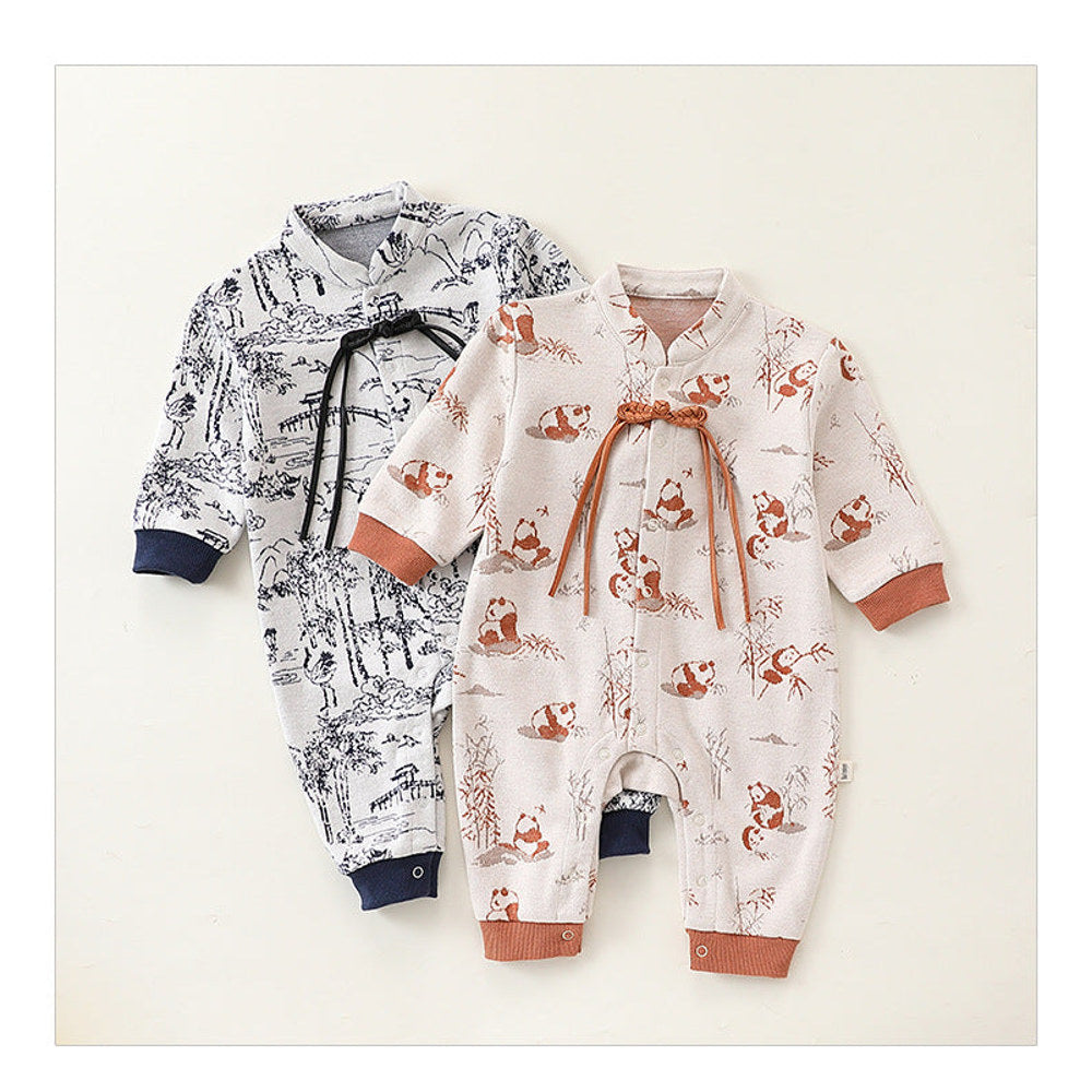 MyKids-USA® Baby Unisex Chinese Painting Pattern Long Sleeves Stand Collar Single Breasted Rompers