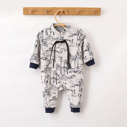 MyKids-USA® Baby Unisex Chinese Painting Pattern Long Sleeves Stand Collar Single Breasted Rompers