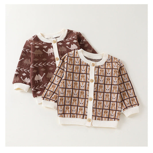 MyKids-USA® Baby Kids Unisex Comfortable Animals and Geometric Pattern Knitted Long Sleeves Cardigan