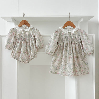 MyKids-USA® Baby Kids Girls Long Sleeves Light Green Floral French Collar bodysuit or Dress – Princess Sister Matching