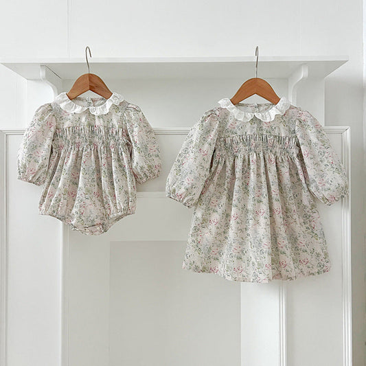 MyKids-USA® Baby Kids Girls Long Sleeves Light Green Floral French Collar bodysuit and Dress – Princess Sister Matching Set