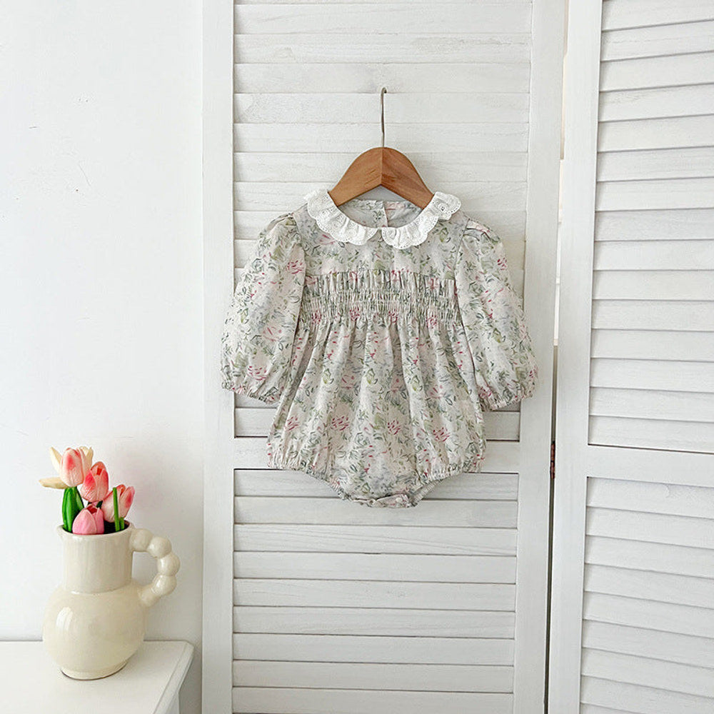 MyKids-USA® Baby Kids Girls Long Sleeves Light Green Floral French Collar bodysuit or Dress – Princess Sister Matching