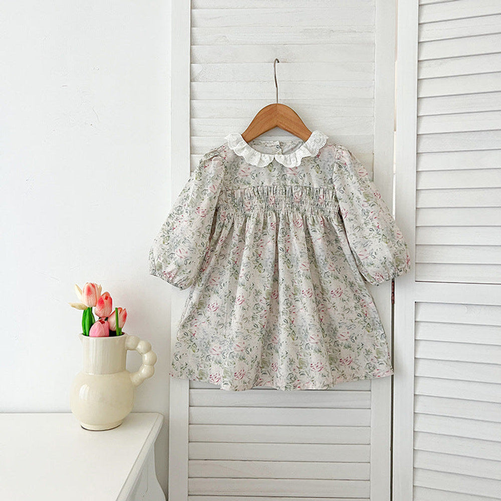 MyKids-USA® Baby Kids Girls Long Sleeves Light Green Floral French Collar bodysuit or Dress – Princess Sister Matching