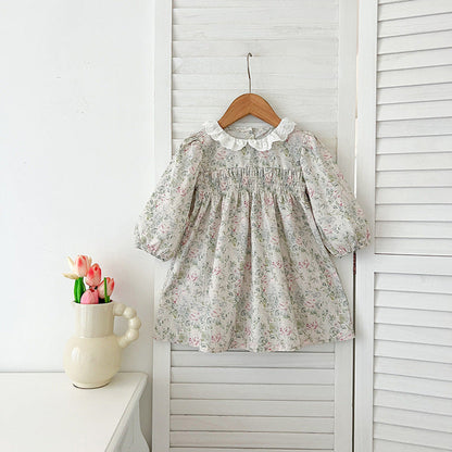 MyKids-USA® Baby Kids Girls Long Sleeves Light Green Floral French Collar bodysuit or Dress – Princess Sister Matching