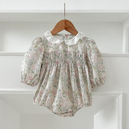 MyKids-USA® Baby Kids Girls Long Sleeves Light Green Floral French Collar bodysuit or Dress – Princess Sister Matching