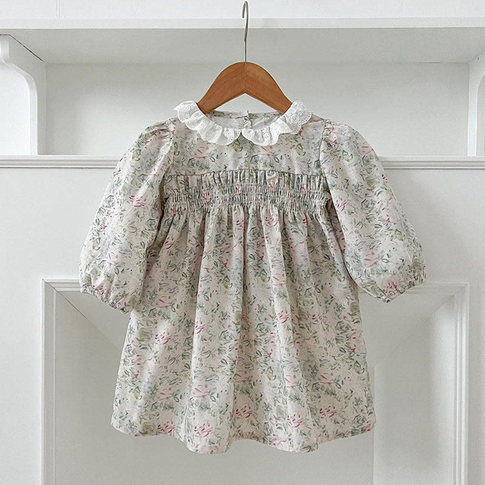 MyKids-USA® Baby Kids Girls Long Sleeves Light Green Floral French Collar bodysuit or Dress – Princess Sister Matching