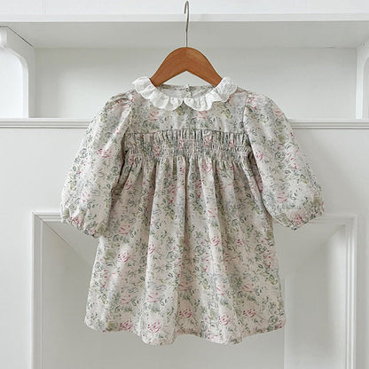 MyKids-USA® Baby Kids Girls Long Sleeves Light Green Floral French Collar bodysuit or Dress – Princess Sister Matching