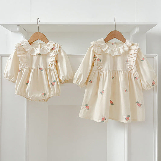 MyKids-USA® Baby Kids Girls Long Sleeves Floral Embroidery Pattern French Collar bodysuit and Dress – Princess Sister Matching Set