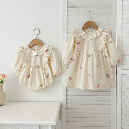 MyKids-USA® Baby Kids Girls Long Sleeves Floral Embroidery Pattern French Collar bodysuit or Dress – Princess Sister Matching