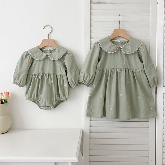 MyKids-USA® Baby Kids Girls Long Sleeves Daisy Floral Embroidery Pattern French Collar bodysuit and Dress – Princess Sister Matching Set