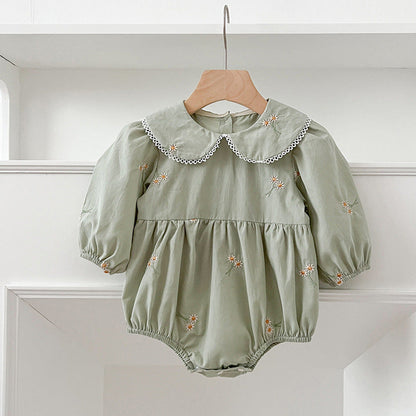 MyKids-USA® Baby Kids Girls Long Sleeves Daisy Floral Embroidery Pattern French Collar bodysuit or Dress – Princess Sister Matching