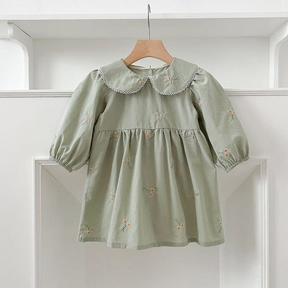 MyKids-USA® Baby Kids Girls Long Sleeves Daisy Floral Embroidery Pattern French Collar bodysuit or Dress – Princess Sister Matching