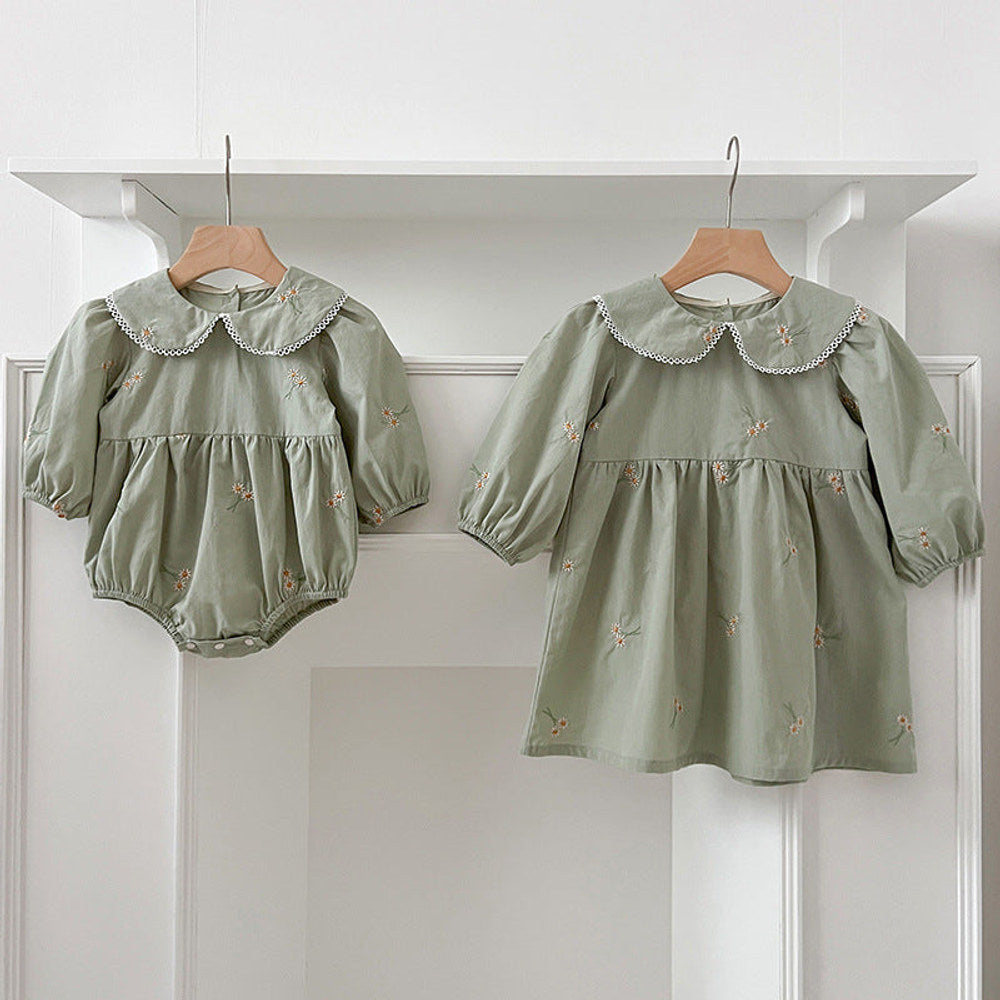 MyKids-USA® Baby Kids Girls Long Sleeves Daisy Floral Embroidery Pattern French Collar bodysuit or Dress – Princess Sister Matching