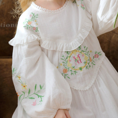 MyKids-USA® Design Girls Floral and Vines Pattern Ruffle Neck Long Puff Sleeves Dress
