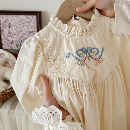 MyKids-USA® French Style Girls Flowers and Butterfly-bow Embroidery Pattern Ruffle Neck Long Sleeves Dress