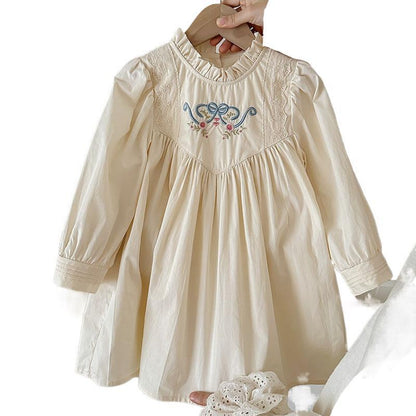 MyKids-USA® French Style Girls Flowers and Butterfly-bow Embroidery Pattern Ruffle Neck Long Sleeves Dress