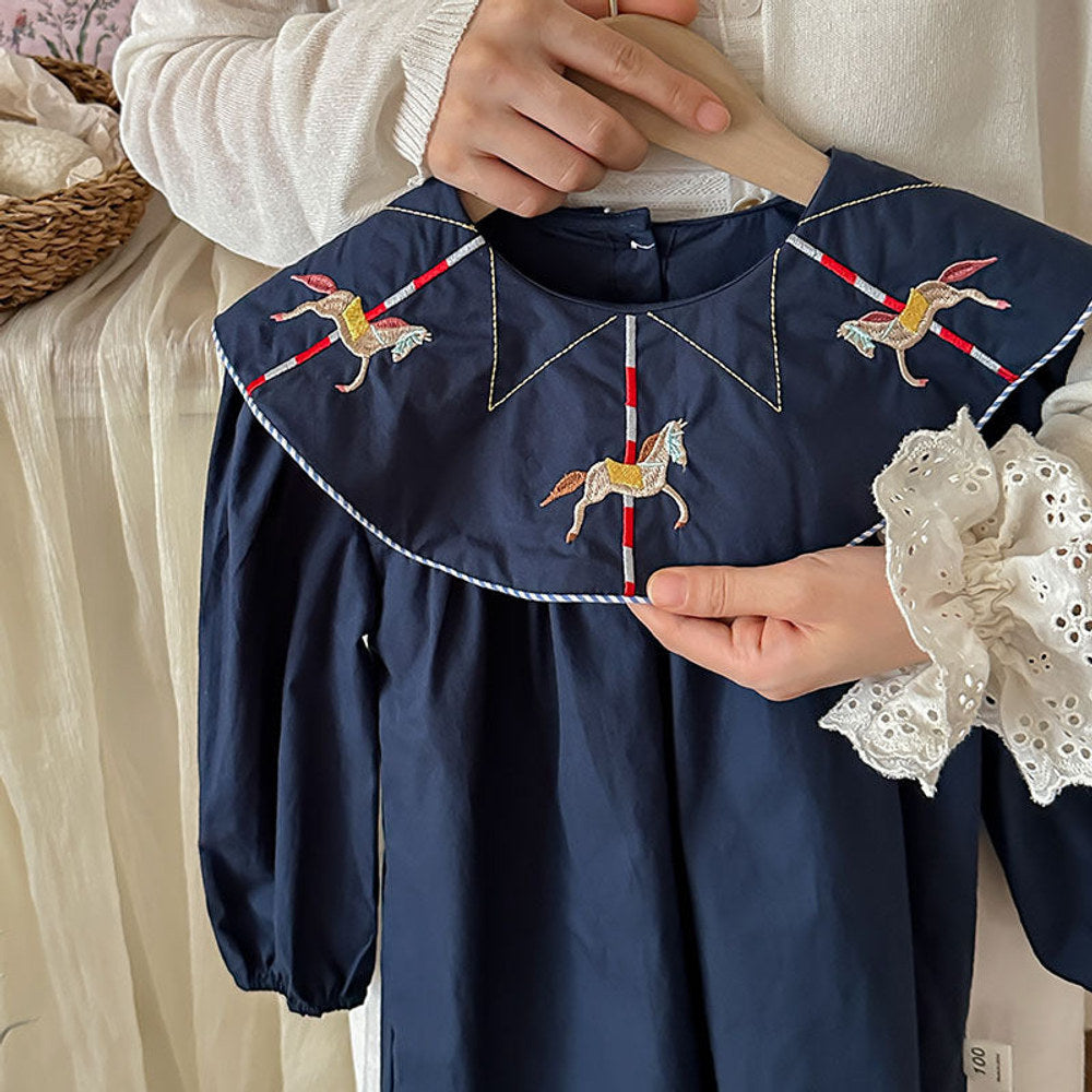 MyKids-USA® Preppy Style Autumn Girls Horse Embroidery Collar Long Sleeves Dress