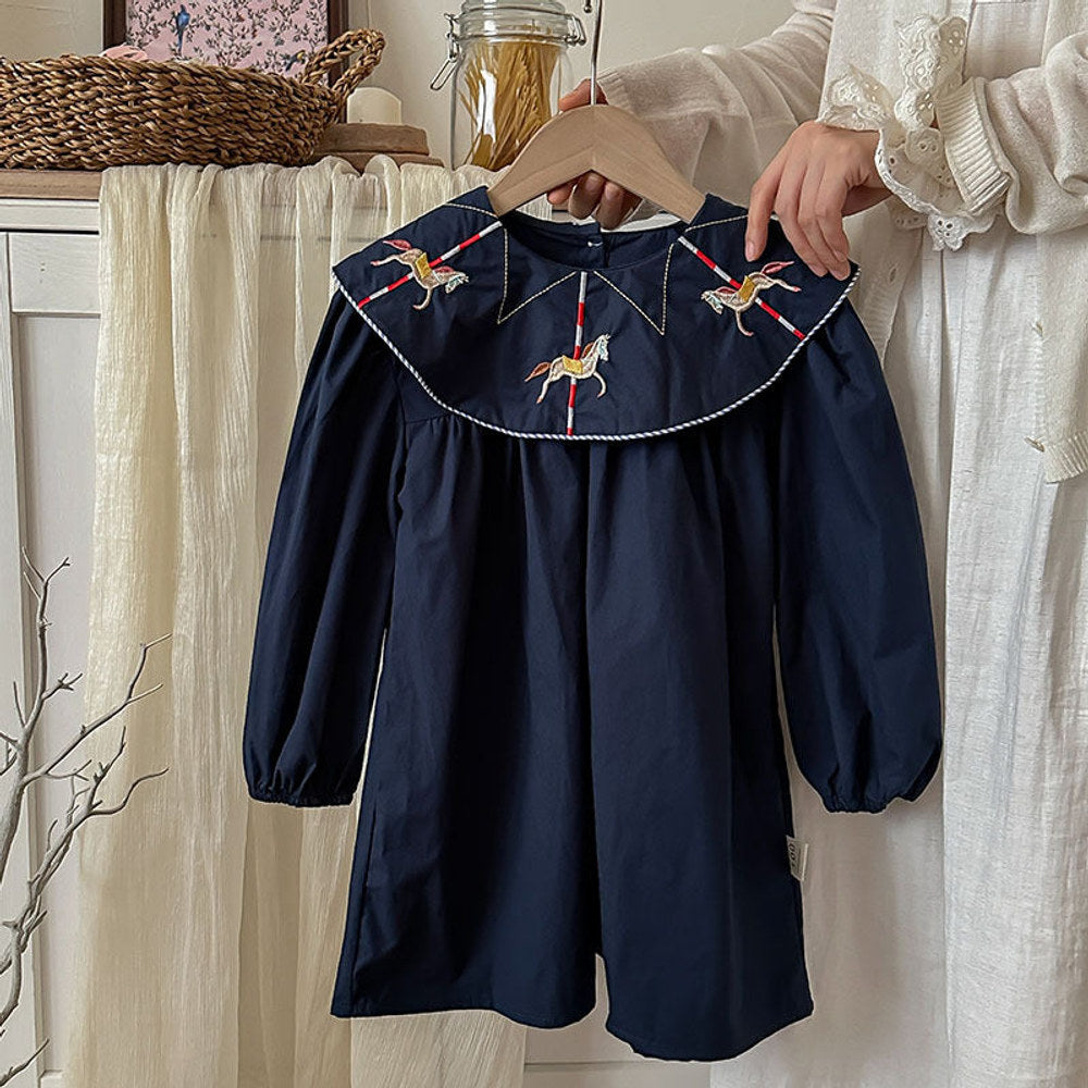 MyKids-USA® Preppy Style Autumn Girls Horse Embroidery Collar Long Sleeves Dress