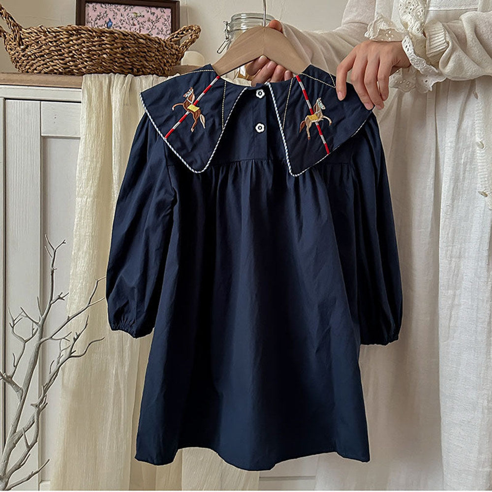 MyKids-USA® Preppy Style Autumn Girls Horse Embroidery Collar Long Sleeves Dress