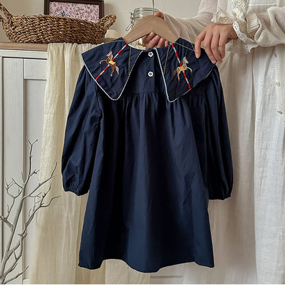 MyKids-USA® Preppy Style Autumn Girls Horse Embroidery Collar Long Sleeves Dress