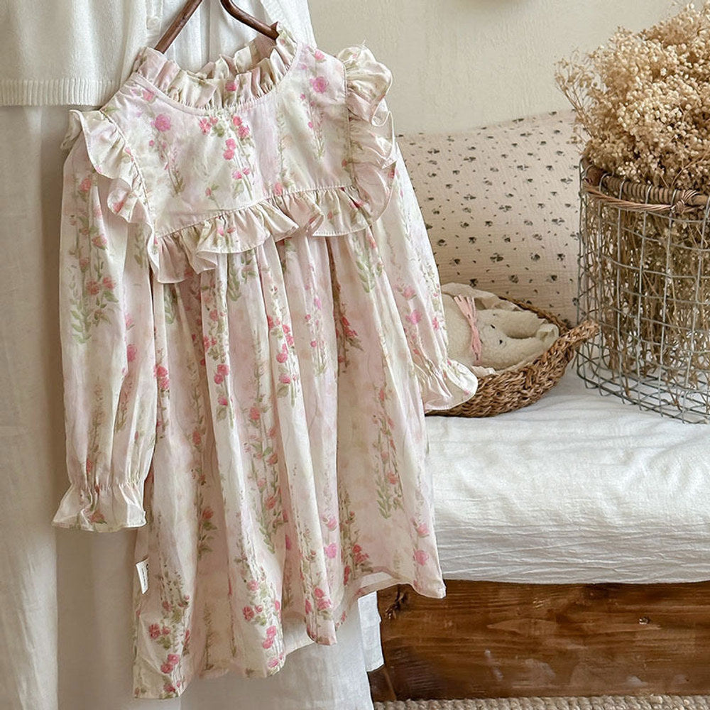 MyKids-USA® French Style Girls Floral Pattern Long Sleeves Ruffle Dress